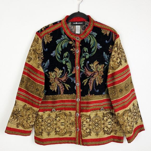 Vintage Womans Tapestry Jacket Button Down Bohemian Indie Floral Stripes - Picture 2 of 8